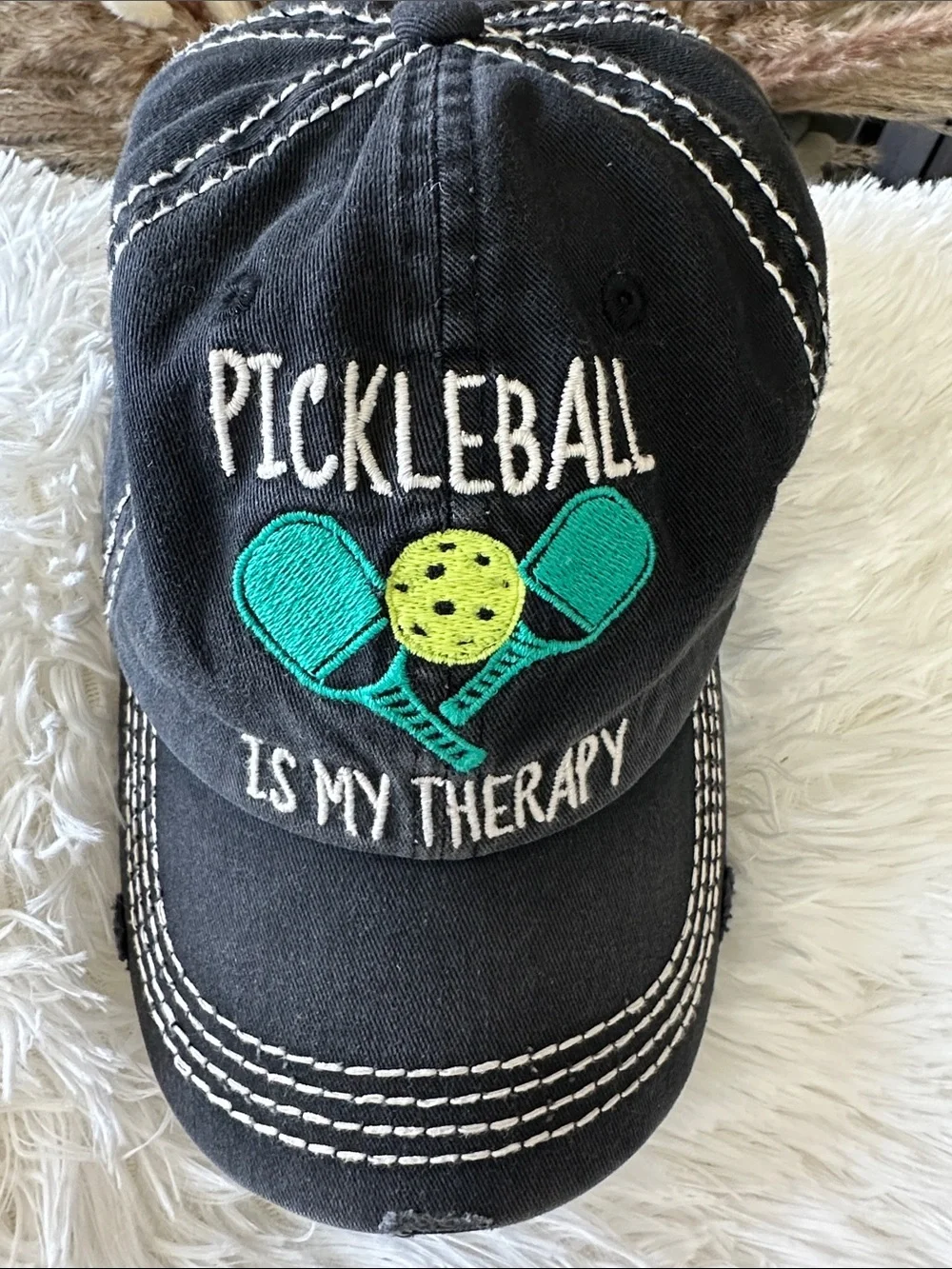Destressed denim women’s cap with Teal and Yellow Pickleball Embroidery
